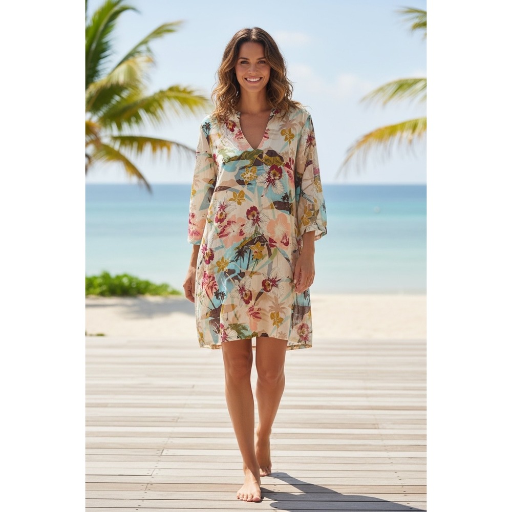 Swim Solutions Tropical Floral Mesh Swim Cover Up Dress Vintage Retro Chic Med